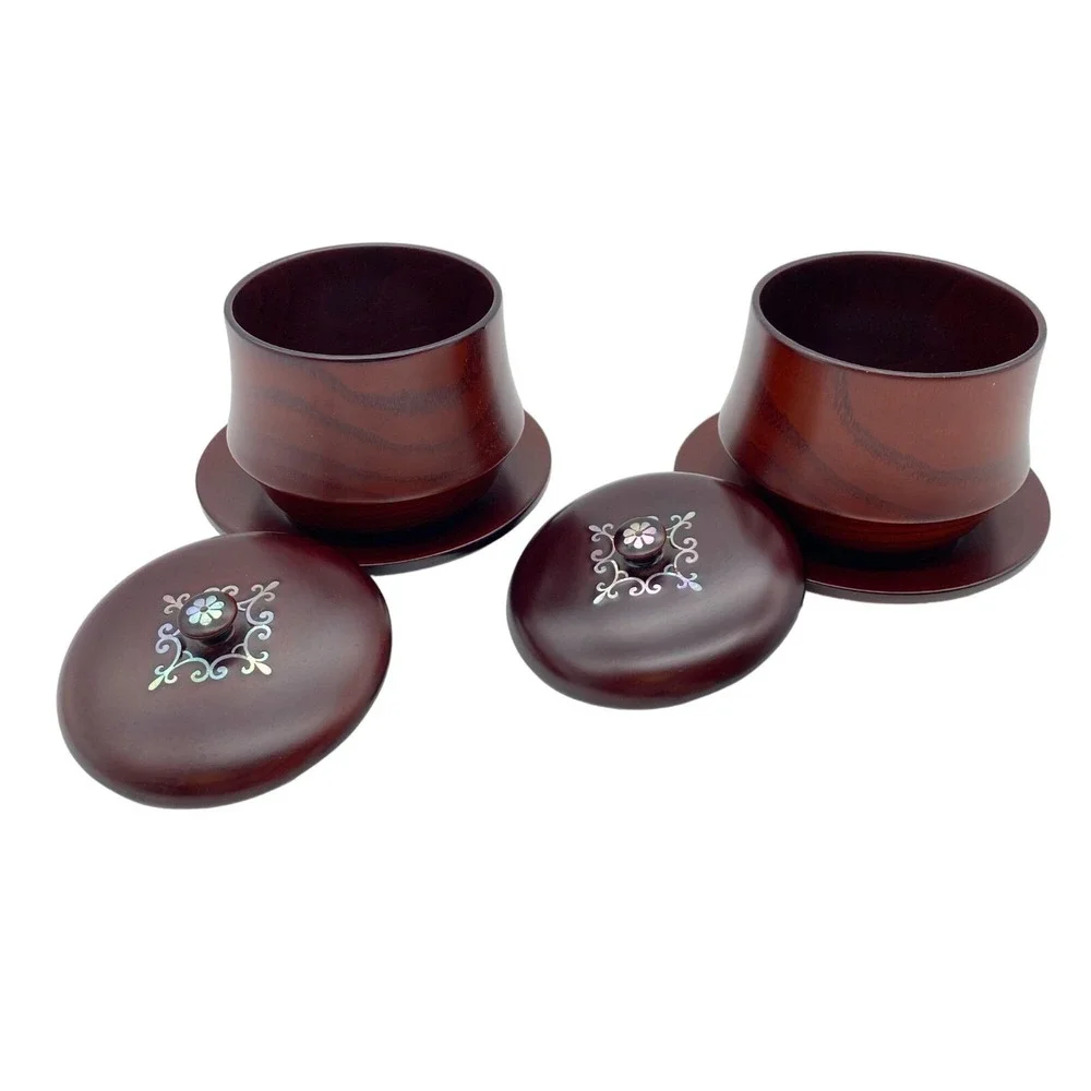 Wooden lidded vanity trinket dish jar Mother of pearl inlay mahogany turned poli